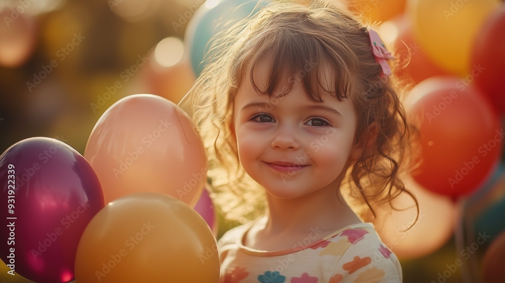 Child stands with balloons in hand and smiling, holiday, fun, elebration Child stands with balloons in hand and smiling, holiday, fun, elebration