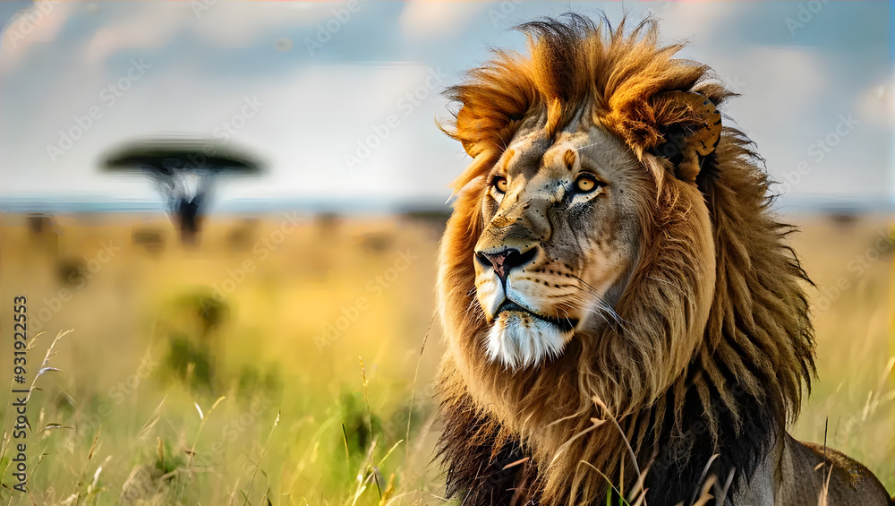 Naklejka premium A majestic lion, gazes intently into the distance and empty space for text