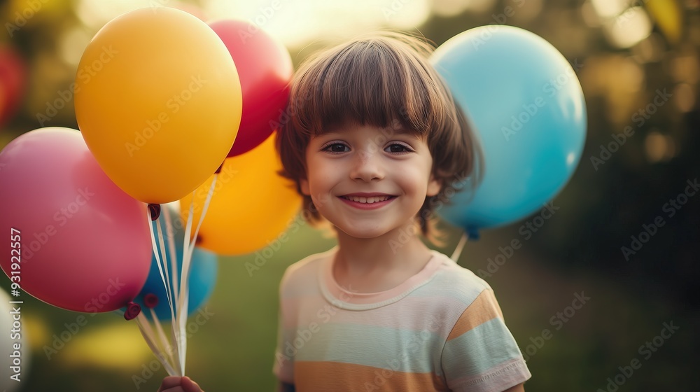 Obraz premium Child stands with balloons in hand and smiling, holiday, fun, elebration
