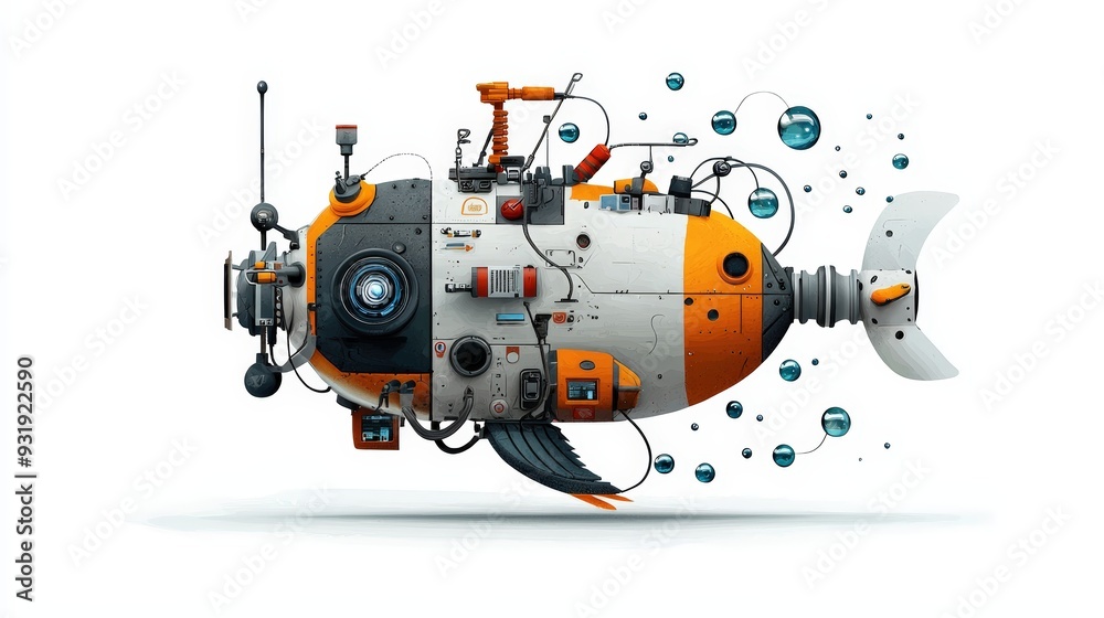 A creative design of a futuristic robotic fish, blending technology and marine life with vibrant colors and detailed features.