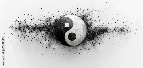 Yin Yang Explodes A black and white stone yin yang symbol explodes in a cloud of dust and particles on a white background