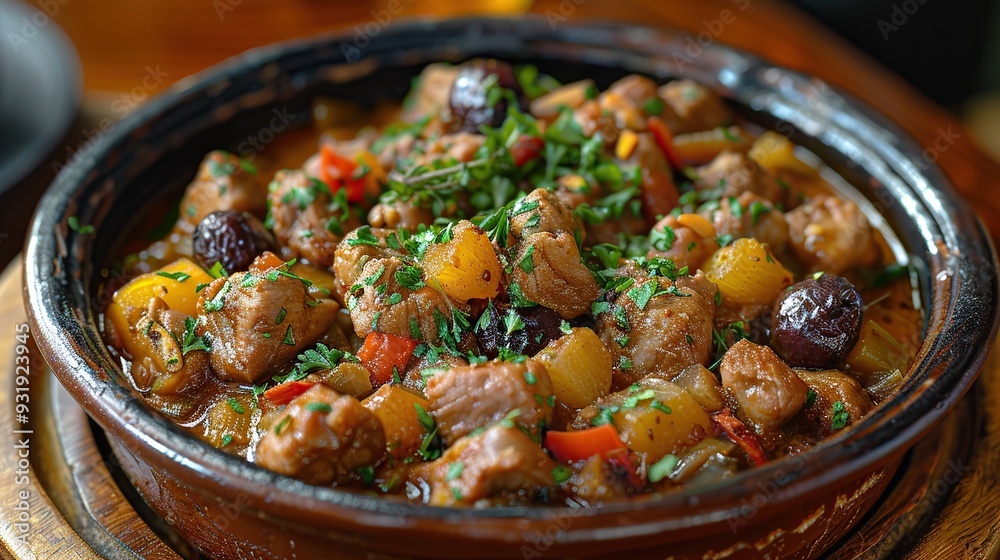 Close-up of a Delicious Meat Stew with Olives and Parsley Close-up of a Delicious Meat Stew with Olives and Parsley