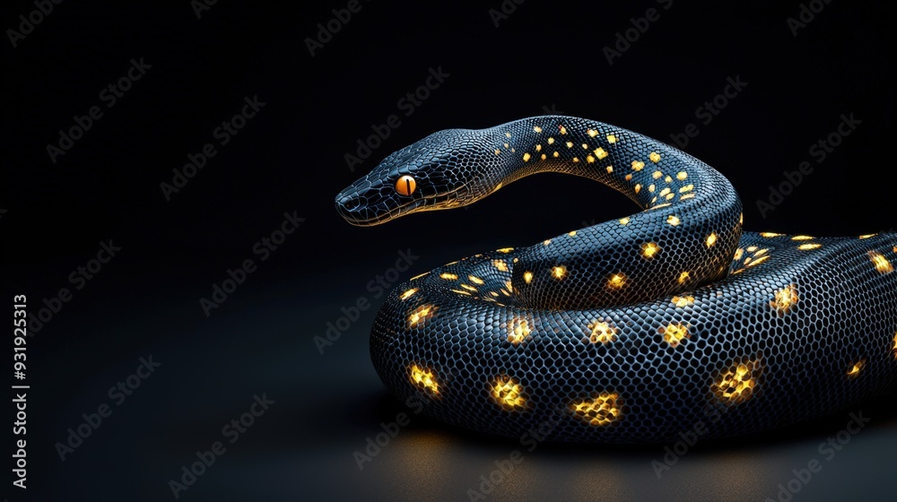 Fototapeta premium A stunning black snake adorned with glowing yellow spots, capturing attention with its unique and mesmerizing appearance.