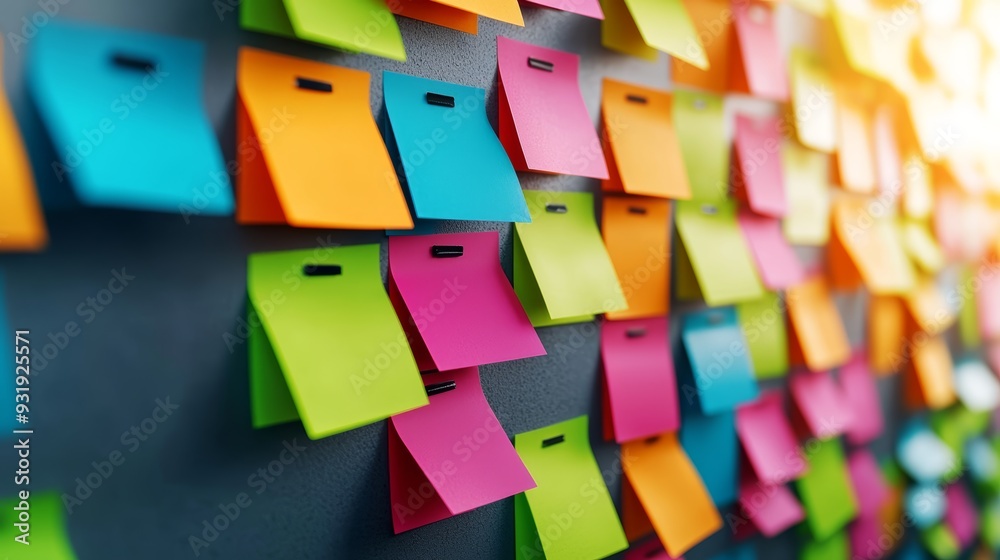 A creative pattern of colorful sticky notes on a gray wall, blending functionality with visual interest A creative pattern of colorful sticky notes on a gray wall, blending functionality with visual interest