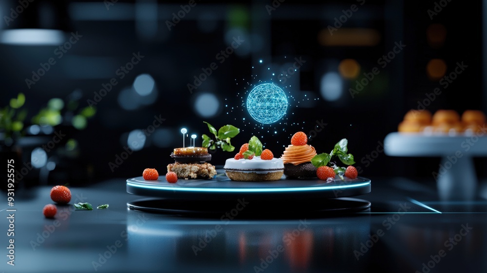 A stylish display of delicious desserts with a futuristic touch, featuring vibrant colors and innovative presentation. A stylish display of delicious desserts with a futuristic touch, featuring vibrant colors and innovative presentation.