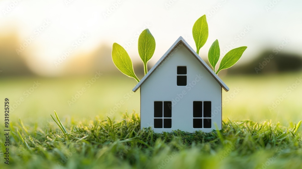 A small white house surrounded by fresh green grass and leaves, symbolizing eco-friendly living and sustainability. A small white house surrounded by fresh green grass and leaves, symbolizing eco-friendly living and sustainability.