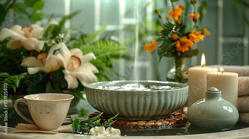 Wallpaper Mural An inviting scene of a tranquil home spa setup with essential oil diffusers, fresh flowers, and herbal tea, promoting the concept of self-care and relaxation at home Torontodigital.ca