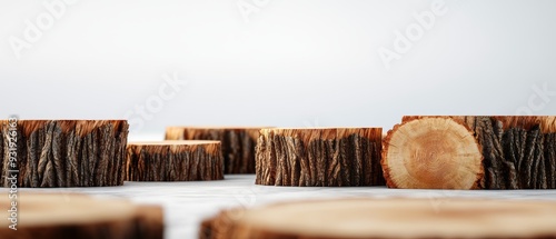 A set of tree stumps with different cuts and bark patterns, 3D illustration, isolated on white background photo