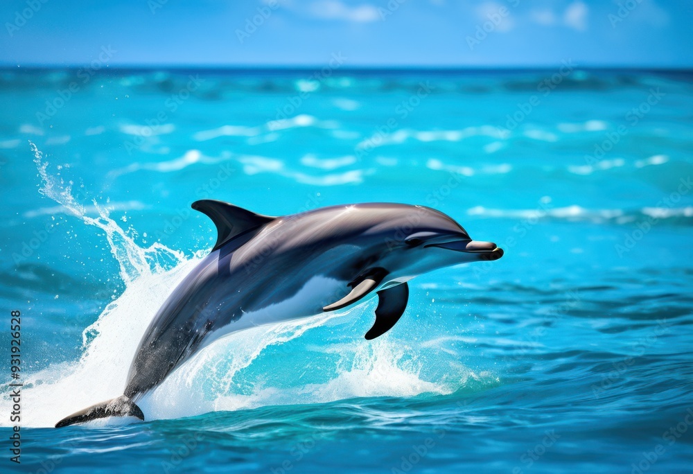 Naklejka premium vibrant dolphin leaps through bright ocean waves crystal clear blue water under sunny sky, beach, marine, sea, splash, aquatic, horizon, summer, nature