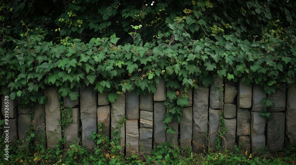An old stone fence overgrown with ivy and moss An old stone fence overgrown with ivy and moss