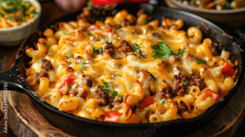 One skillet cheeseburger mac and cheese on frying pan with macaroni pasta a lot of cheese bechamel sauce ground beef meat and vegetables tasty american food dish photo