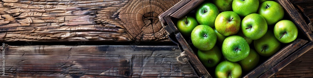 Flat lay arrangement of a wooden box containing fresh green apples on a rustic wooden surface, featuring ample space for text. Flat lay arrangement of a wooden box containing fresh green apples on a rustic wooden surface, featuring ample space for text.