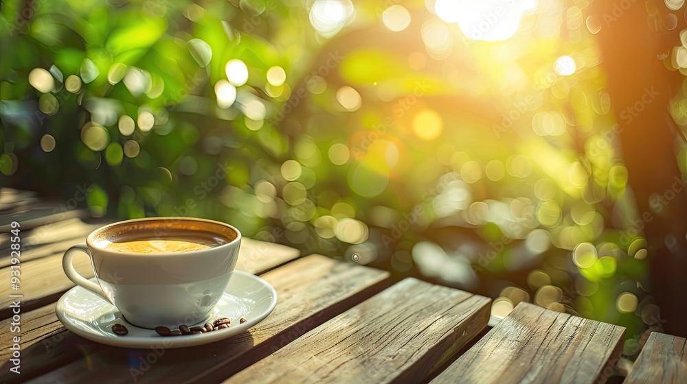 Coffee espresso on wood table nature background in garden warm tone Coffee espresso on wood table nature background in garden warm tone