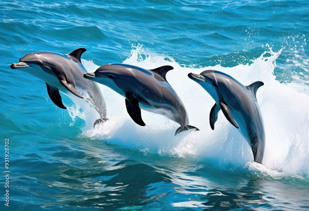 Fototapeta premium dynamic dolphin forms swimming amidst contrasting vibrant ocean flows lively seascape, water, waves, movement, blue, aquatic, marine, wildlife, scenery
