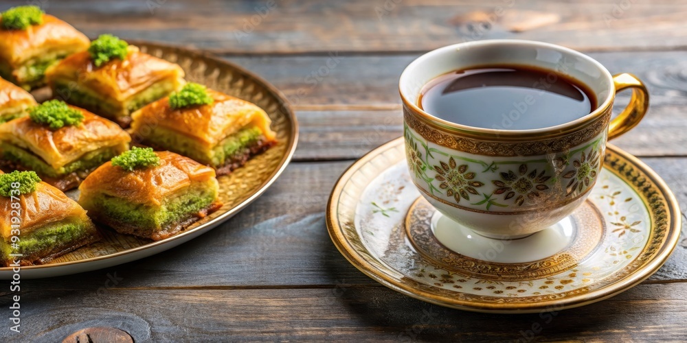 Fototapeta premium Traditional Turkish sweet baklava and a cup of hot coffee , Turkish, sweet, food, dessert, baklava, coffee, Turkish coffee