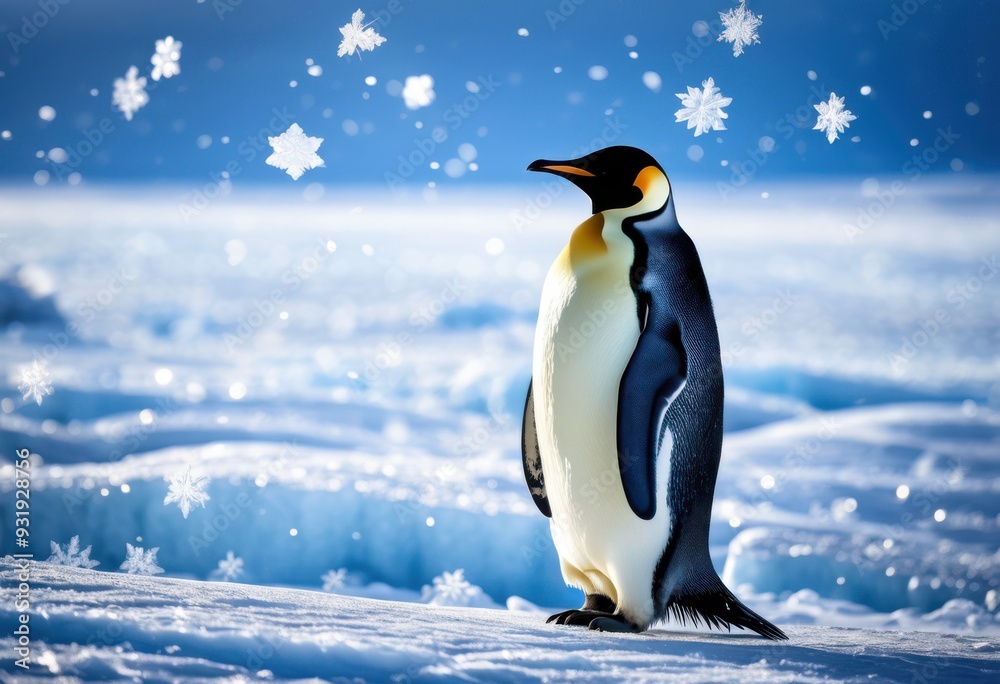 Fototapeta premium majestic penguin standing proudly pristine icy landscape surrounded sparkling snow glimmering ice formations, nature, wildlife, cold, habitat, crystal