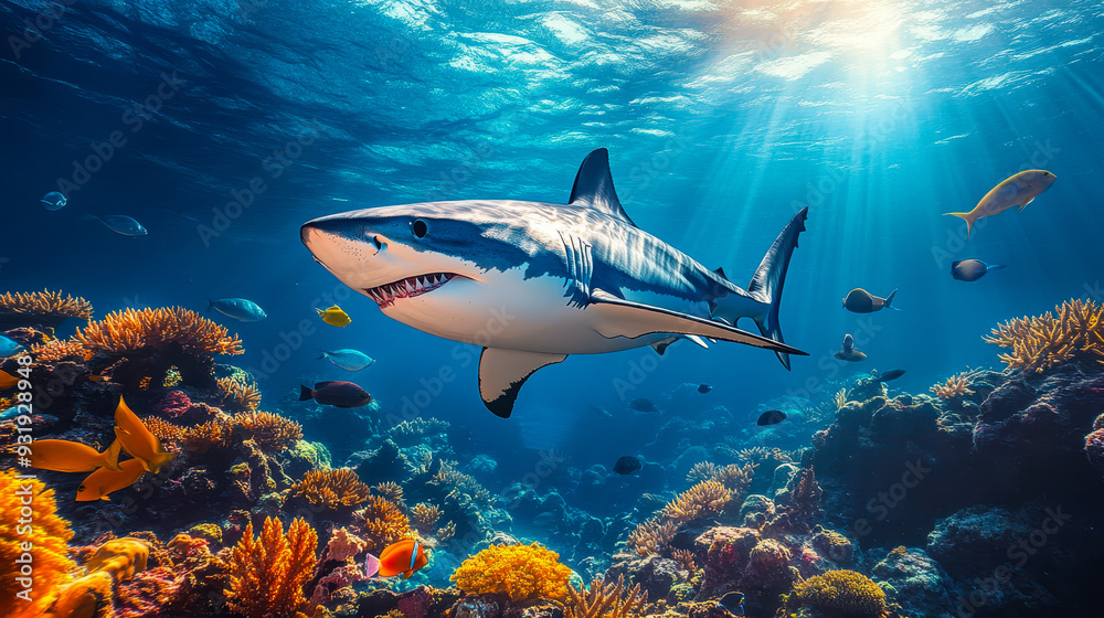 Fototapeta premium Great White Shark Swimming Among Coral Reefs With Fish in Sunlit Underwater Ocean Scene, Predator Wildlife in Marine Nature, Blue Water, Teeth, Vibrant Sea Life, Travel, Undersea Exploration