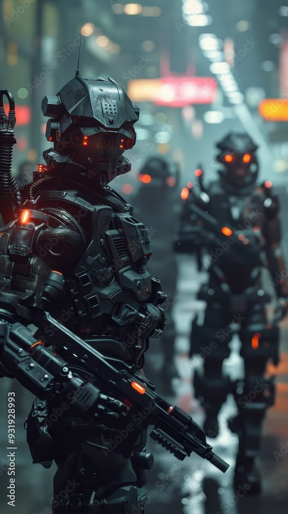 Soldiers in high-tech armor patrol an illuminated urban landscape under the night sky Soldiers in high-tech armor patrol an illuminated urban landscape under the night sky