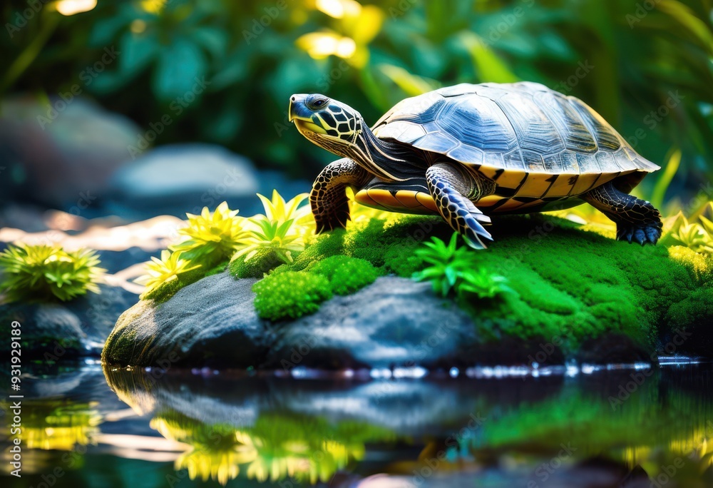 Fototapeta premium aquatic turtle basking colorful stone surrounded lush greenery sparkling water serene natural habitat, wildlife, reptile, vibrant, nature, pond, sun