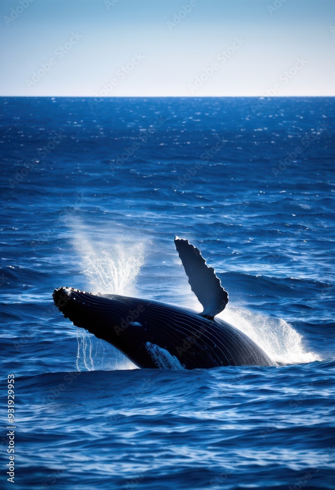 Fototapeta premium breathtaking whale silhouette vibrant ocean backdrop rich blue tones gentle waves, water, marine, sea, landscape, nature, scenic, animal, environment, sky