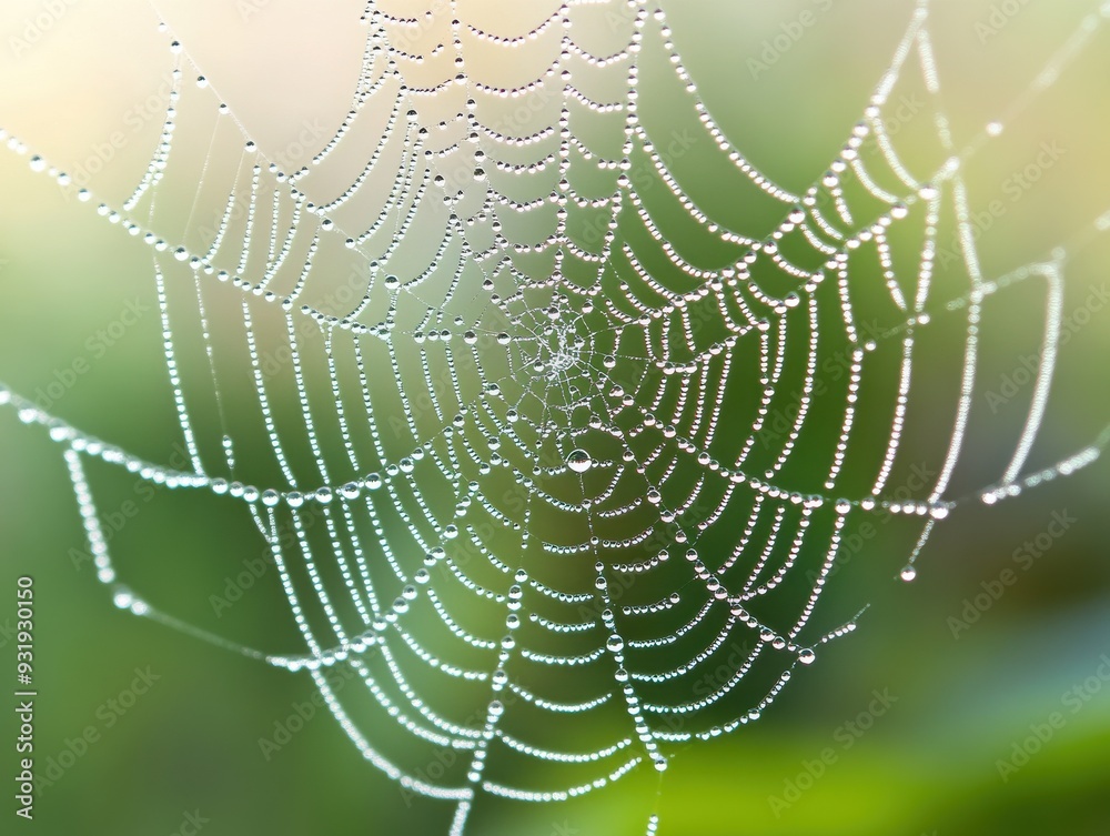 Fototapeta premium Close-up of a dew-covered spider web glistening in the sunlight, showcasing intricate patterns and natural beauty.