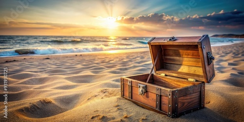 A mysterious open treasure chest sitting on a sandy beach, treasure chest, open, sand, beach, seashells, adventure photo