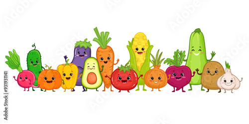 Set of cartoon vegetable characters. Cute broccoli, potato, carrot, tomato, pepper, eggplant, onion, cucumber, corn, avocado, beet, radish, pumpkin with arms and legs for kids. Menu. Vector