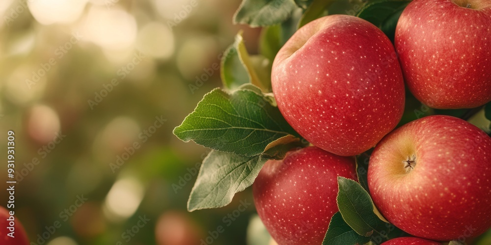 A close-up of a cluster of juicy, red apples on a farm tree, with a backdrop of autumn leaves and blurred greenery, emphasizing the natural, organic quality and vibrant color of the fruit A close-up of a cluster of juicy, red apples on a farm tree, with a backdrop of autumn leaves and blurred greenery, emphasizing the natural, organic quality and vibrant color of the fruit