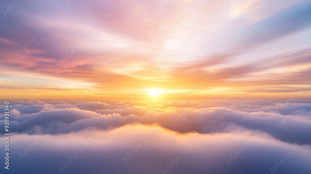 Fototapeta premium Stunning sunset view above the clouds, showcasing vibrant colors and a serene atmosphere of natural beauty.