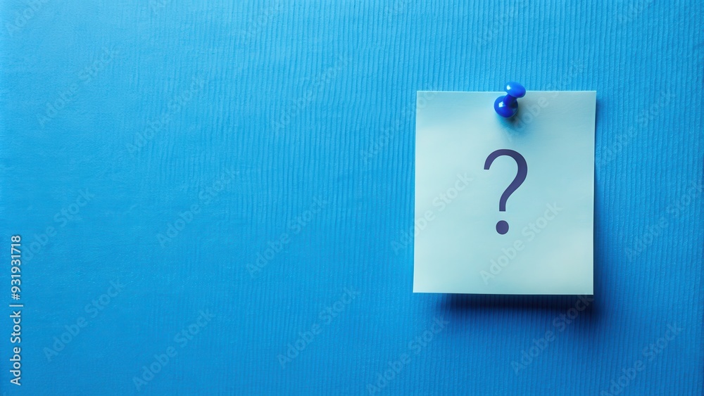 Note paper with question mark on blue background, question mark, note paper, panoramic, blue, background, concept Note paper with question mark on blue background, question mark, note paper, panoramic, blue, background, concept