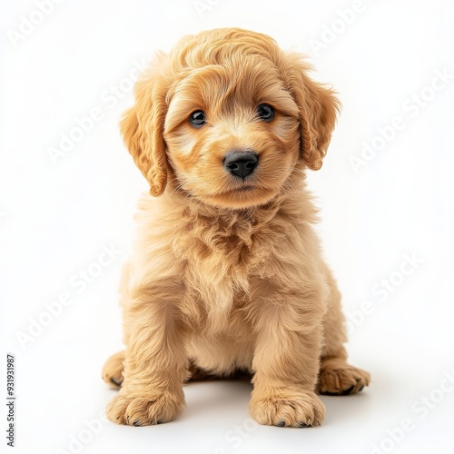 A close-up portrait of a goldendoodle on a transparent background cutout.