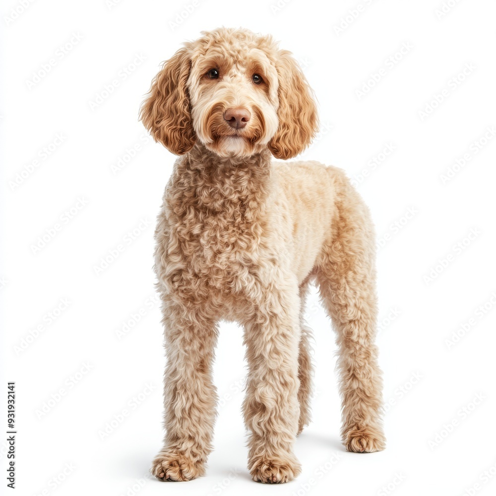 A goldendoodle puppy is depicted on a white background, with a transparent cutout of its face A goldendoodle puppy is depicted on a white background, with a transparent cutout of its face