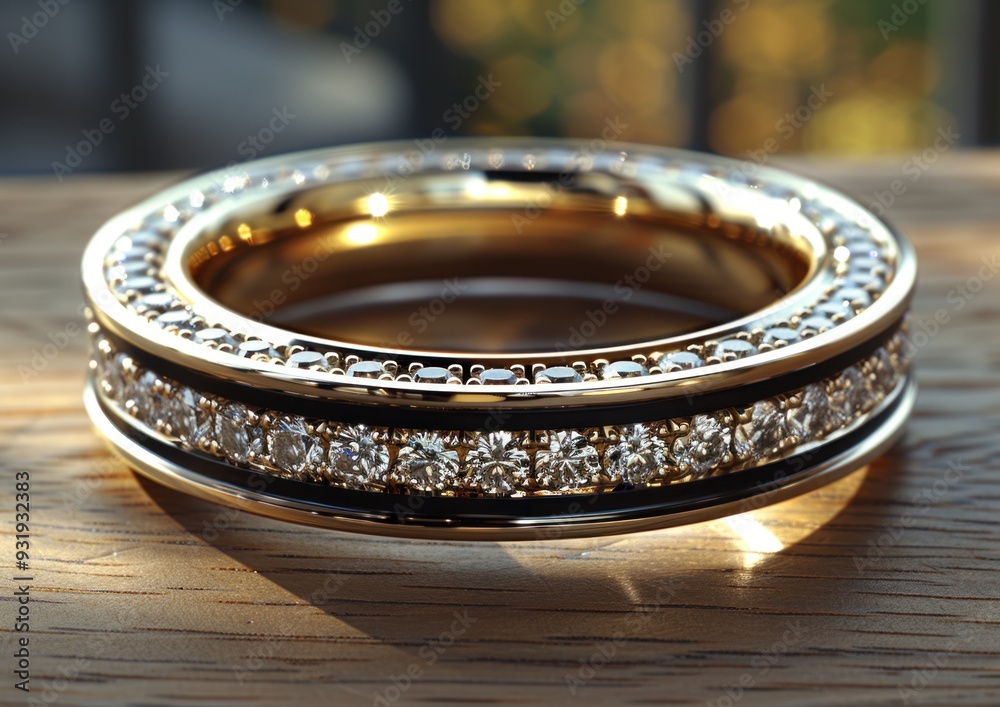 A gold ring with diamond accents rests on a wooden surface