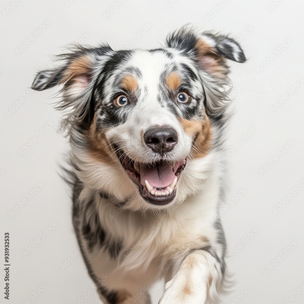 On a white background, an Australian shepherd puppy is smiling On a white background, an Australian shepherd puppy is smiling
