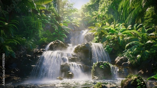 waterfall with rocks among tropical jungle with green plants and trees and water falling down into river