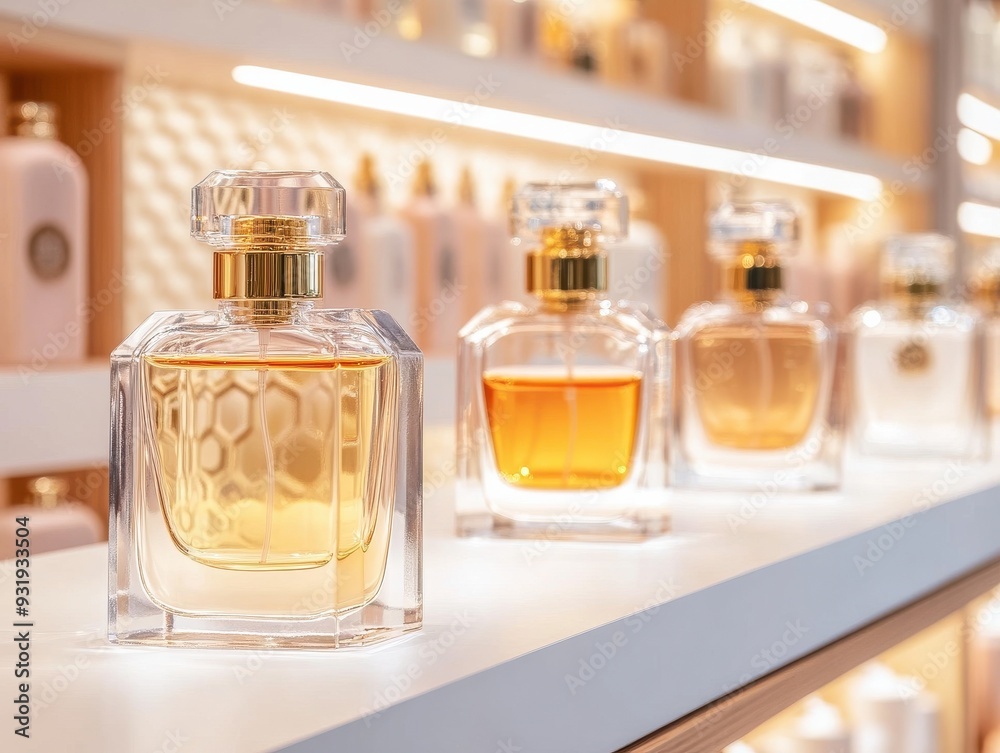 Collection of elegant perfume bottles displayed on a shelf, showcasing beautiful designs and rich colors for fragrance lovers. Collection of elegant perfume bottles displayed on a shelf, showcasing beautiful designs and rich colors for fragrance lovers.