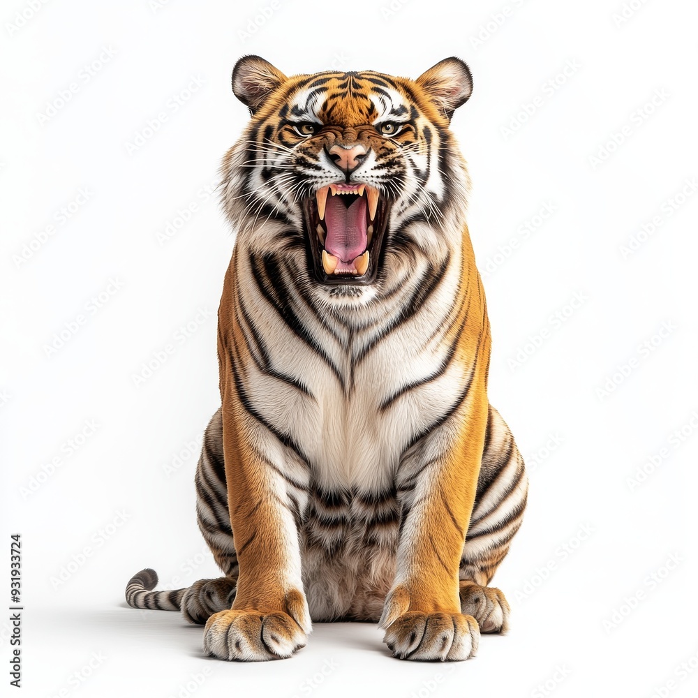 Fototapeta premium On a transparent background, a portrait of a tiger with its mouth open is shown