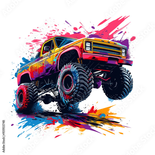 Dynamic monster truck illustration in vibrant colors with splashes, perfect for automotive art, posters, and action-packed designs. Toy.