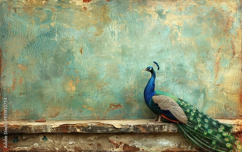 Peacock perched on ledge, tail feathers spread, green, blue, brown wall backdrop