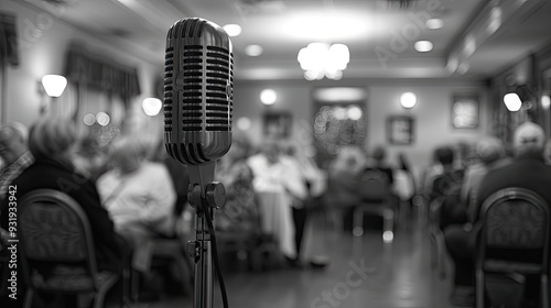 free standing tall microphone in stand looking out into slightly blurred crowd of happy men and women in a nursing home photo