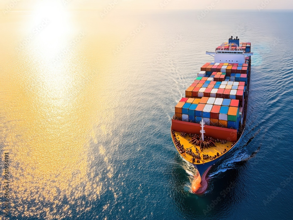 Fototapeta premium A cargo ship loaded with colorful containers sailing through calm waters during sunset, showcasing maritime transportation.
