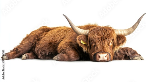 An isolated cutout of a Scottish highland cow lying down on a transparent background, png file photo