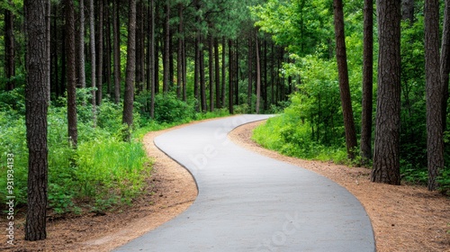 Winding paved path through a lush green forest.