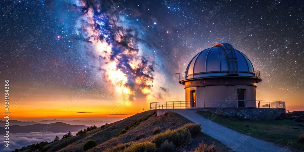 Obraz premium Observatory on hill with starry sky at twilight , observatory, hill, starry sky, twilight, peaceful, serene