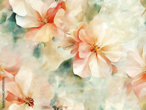 A seamless pattern with soft pastel flowers in warm tones on a light background. The design has a dreamy and gentle feel.