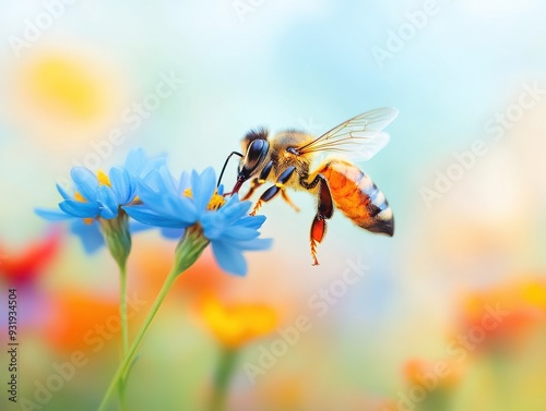A close-up of a bee collecting pollen from a vibrant blue flower, showcasing nature's beauty and the importance of pollinators.