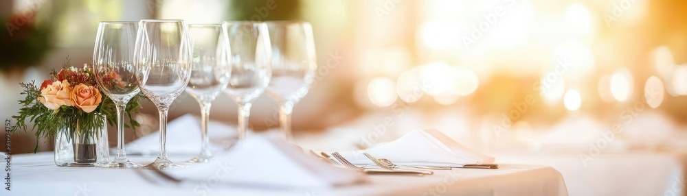Elegant dining setup with wine glasses and a decorative flower centerpiece, perfect for special occasions and gatherings. Elegant dining setup with wine glasses and a decorative flower centerpiece, perfect for special occasions and gatherings.