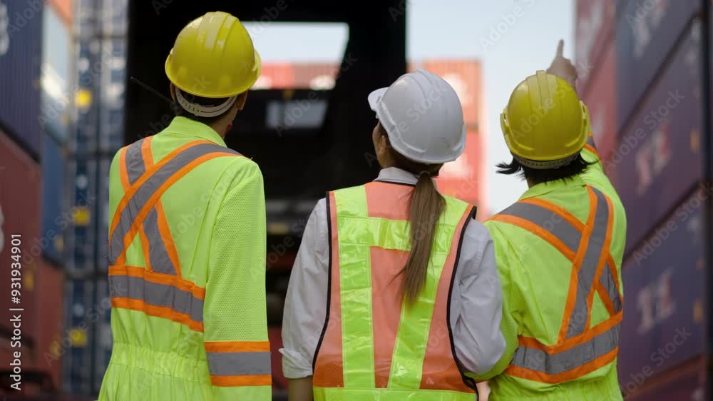 Back of group professional dock worker and engineering people taking with their supervisor while record data online with digital connection tablet, background of crane and layer of tank Back of group professional dock worker and engineering people taking with their supervisor while record data online with digital connection tablet, background of crane and layer of tank