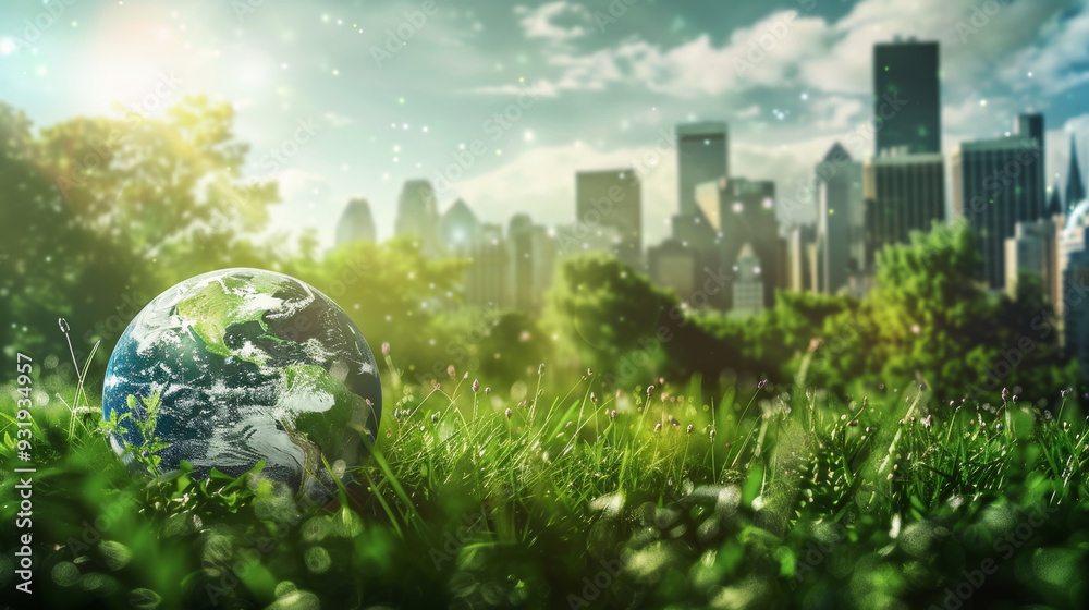 Planet Earth on a Meadow with City Buildings in the Background: Illustrating the Concept of Taking Care of the Planet Planet Earth on a Meadow with City Buildings in the Background: Illustrating the Concept of Taking Care of the Planet