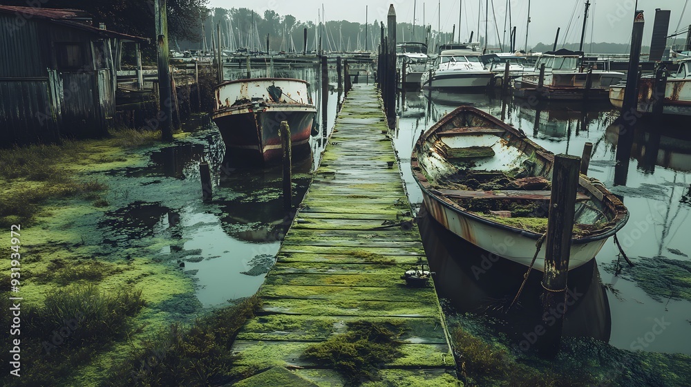 88. **A desolate marina with boats rotting and docks covered in algae 88. **A desolate marina with boats rotting and docks covered in algae